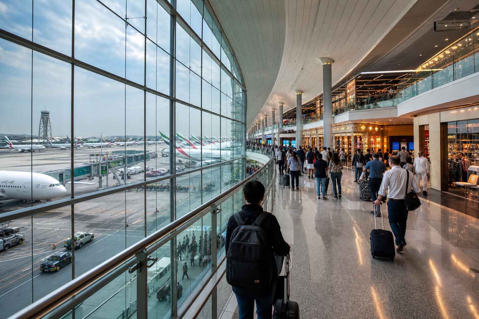 Photorealistic scene inside Dubai International Airport terminal showing diverse