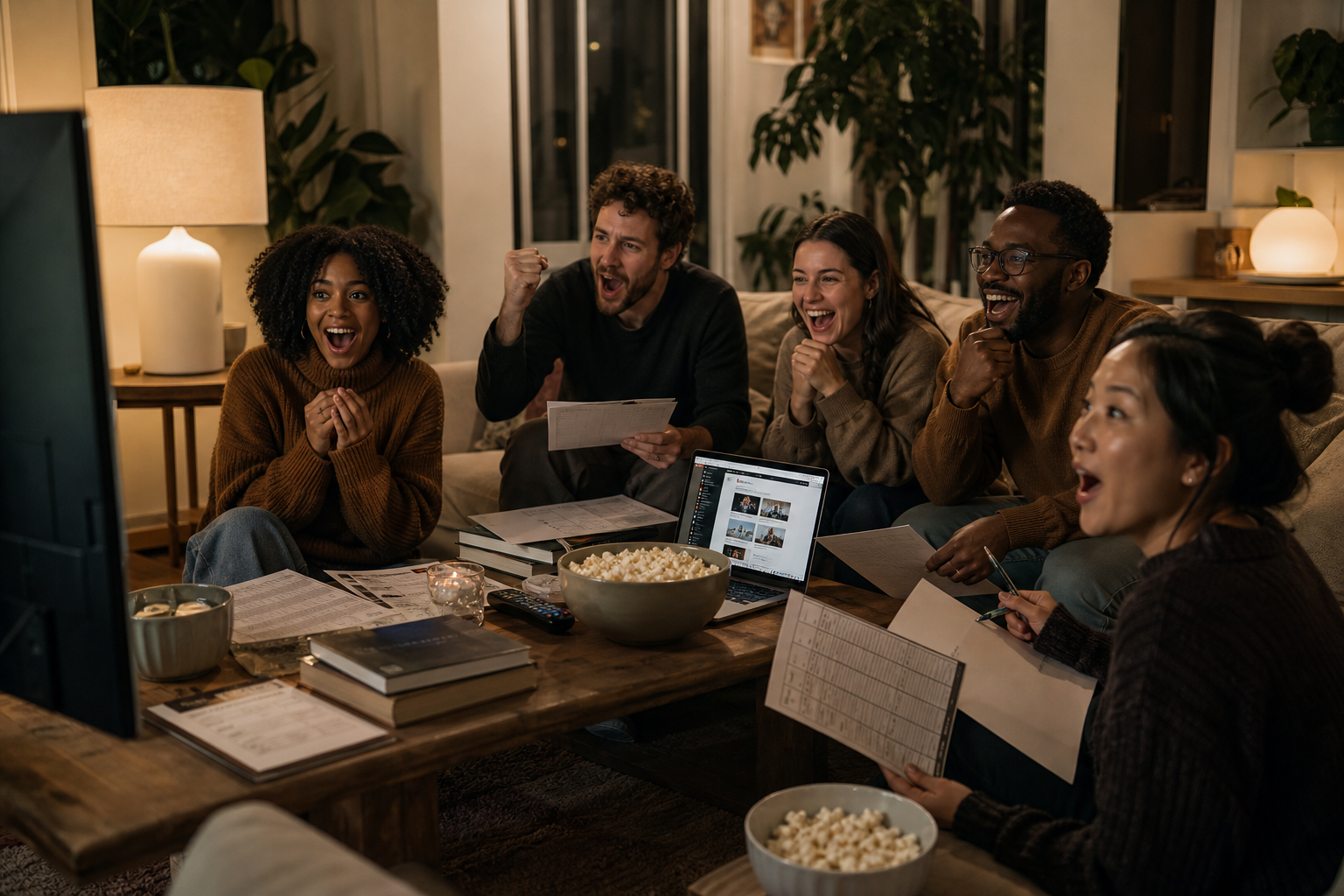 Photorealistic cozy living room watch party with Oscar ballots, paperback novels