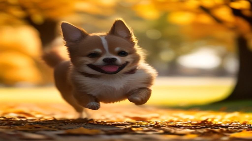Happy small dog running through a sunlit autumn park with golden bokeh