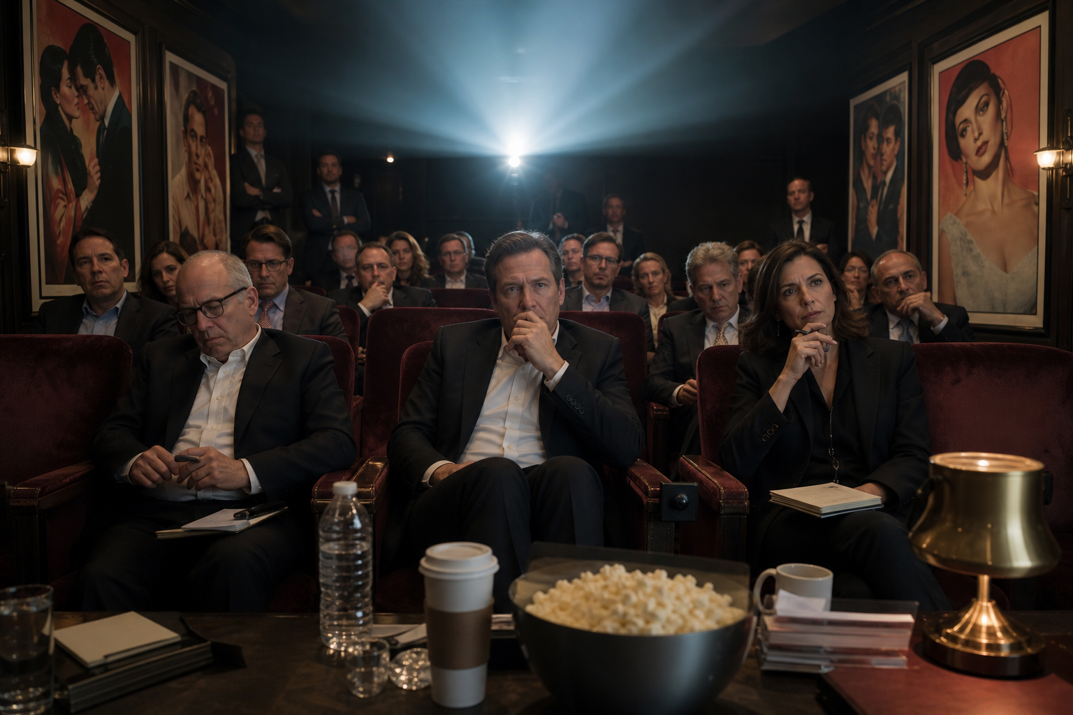 Photorealistic awards-season screening room with critics' notebooks, velvet seat