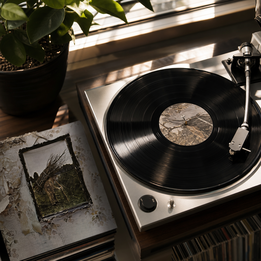 Photorealistic close-up of a turntable spinning a Led Zeppelin IV vinyl record i