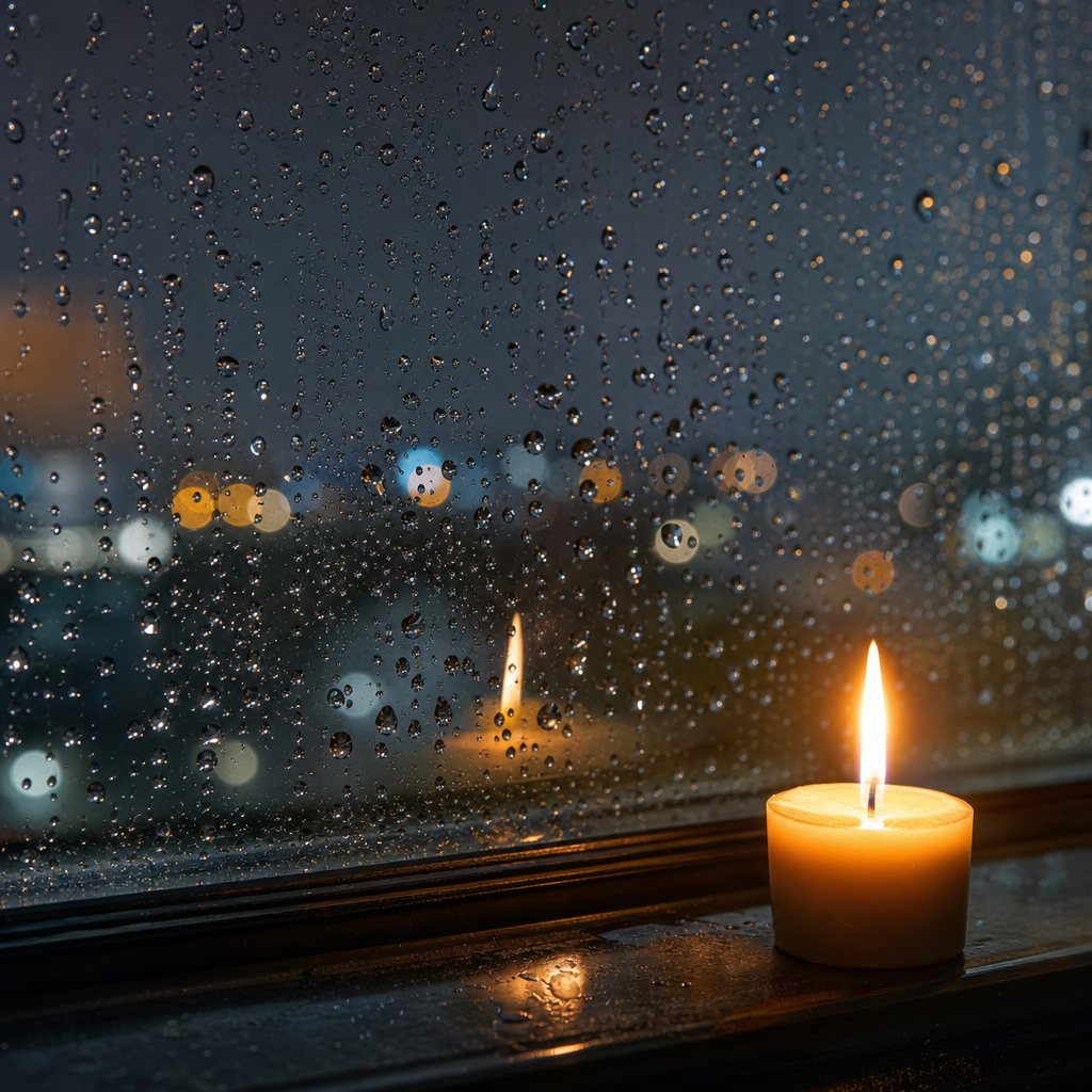 Close-up of raindrops on a window at night with blurred city lights beyond, a si