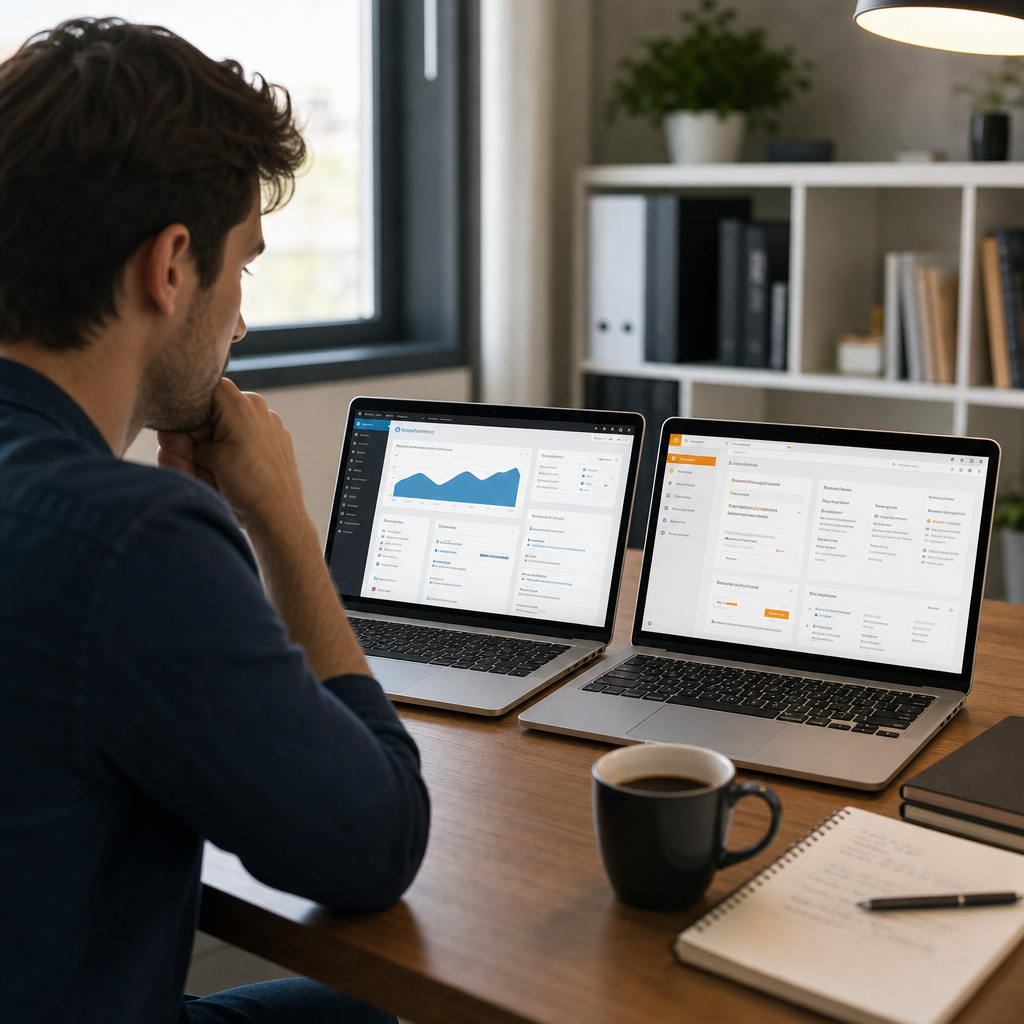 Photorealistic scene of a beginner blogger comparing laptop screens showing Word