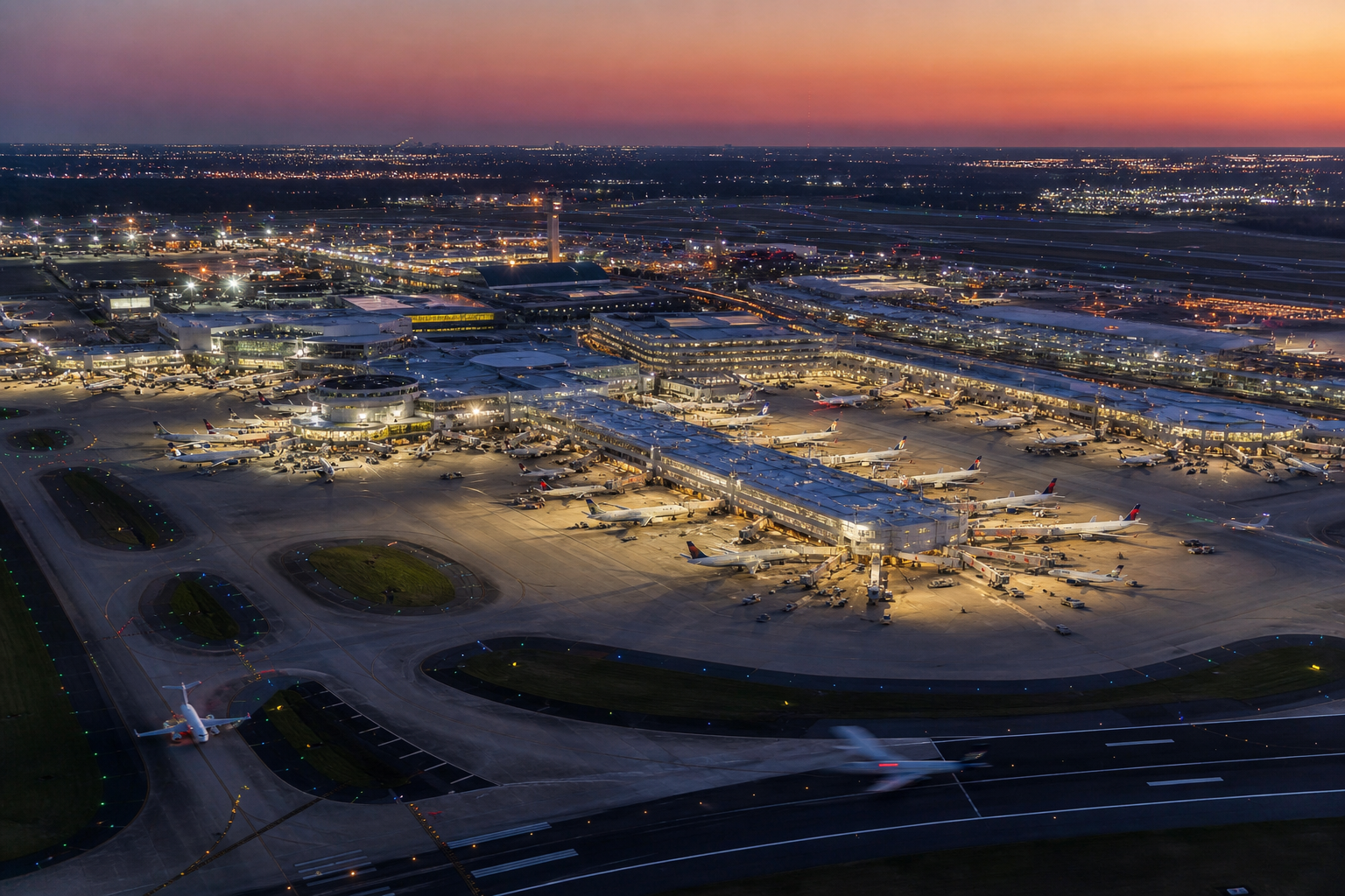 Photorealistic aerial view of Hartsfield-Jackson Atlanta airport terminals at du
