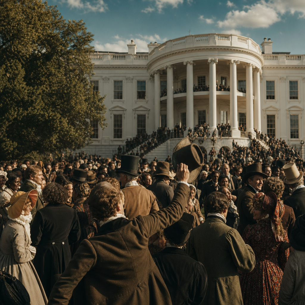 Photorealistic depiction of Andrew Jackson's inauguration crowd on the White Hou