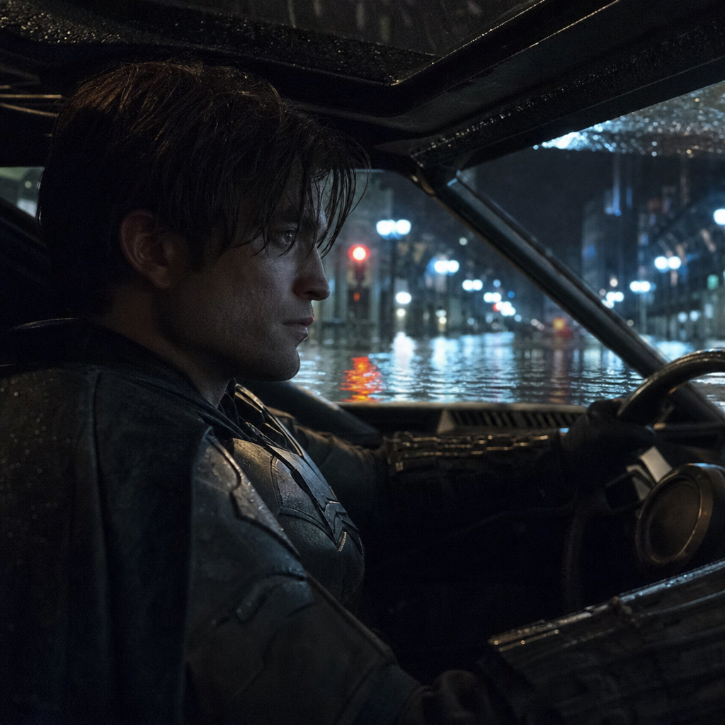 Photorealistic scene of Robert Pattinson as Batman driving the Batmobile through