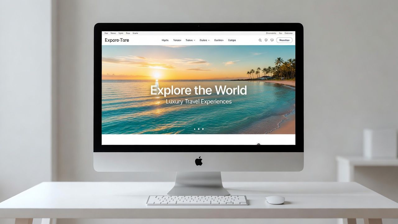 iMac displaying a professional website with a full-width image hero slider