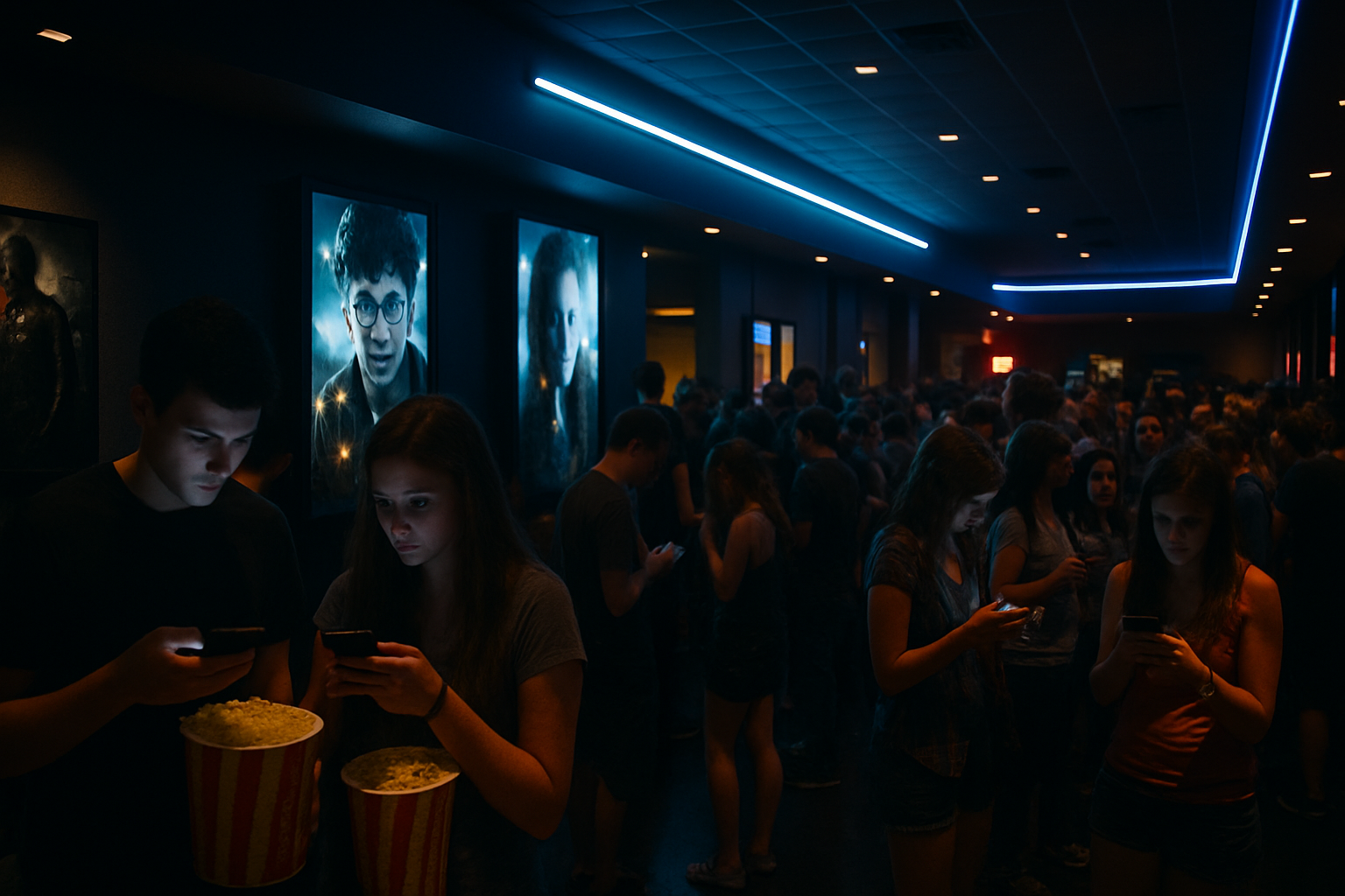 Dimly lit multiplex lobby in summer 2011, movie posters, glowing digital trailer