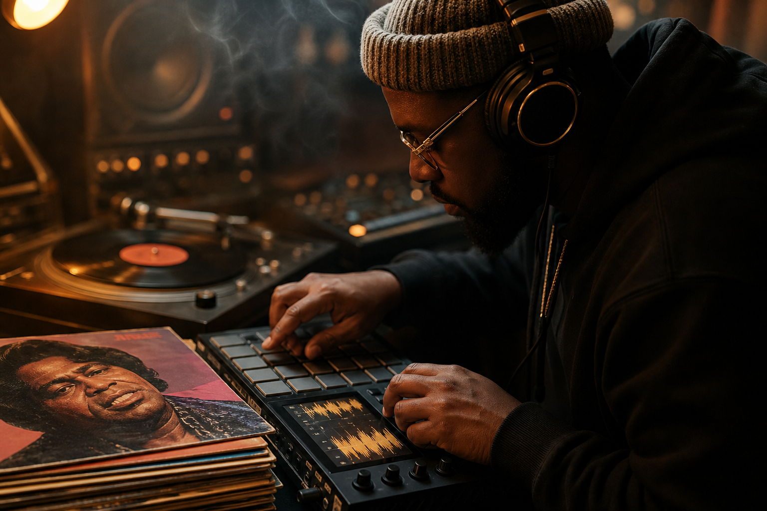 Photorealistic hip-hop producer chopping vintage funk vinyl on an MPC, waveform