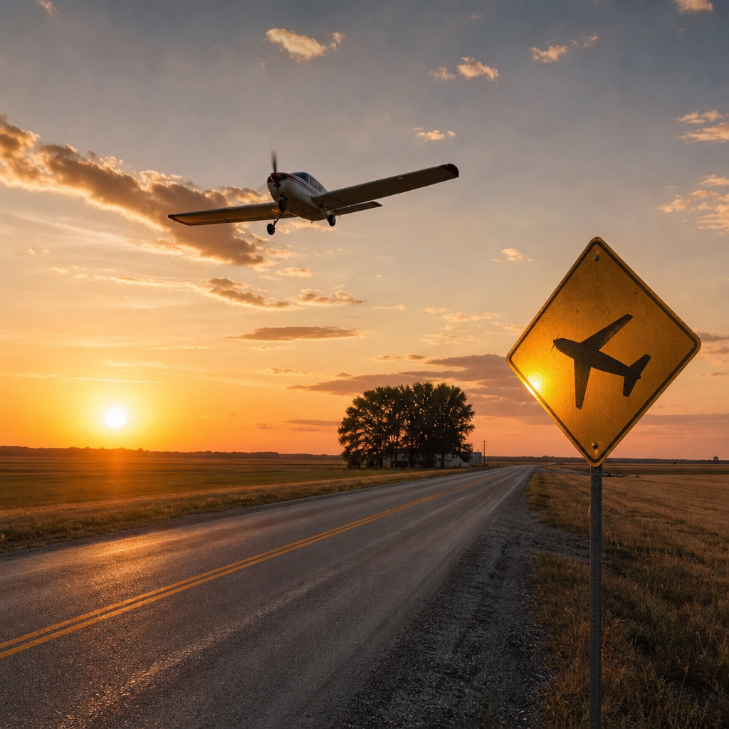 Photorealistic wide shot of a rural two-lane road with a yellow airplane crossin