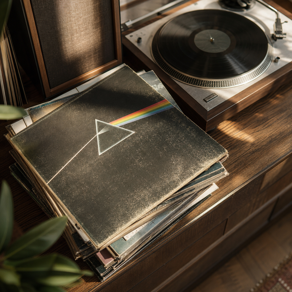 A photorealistic image of a stack of classic rock vinyl records on a wooden tabl