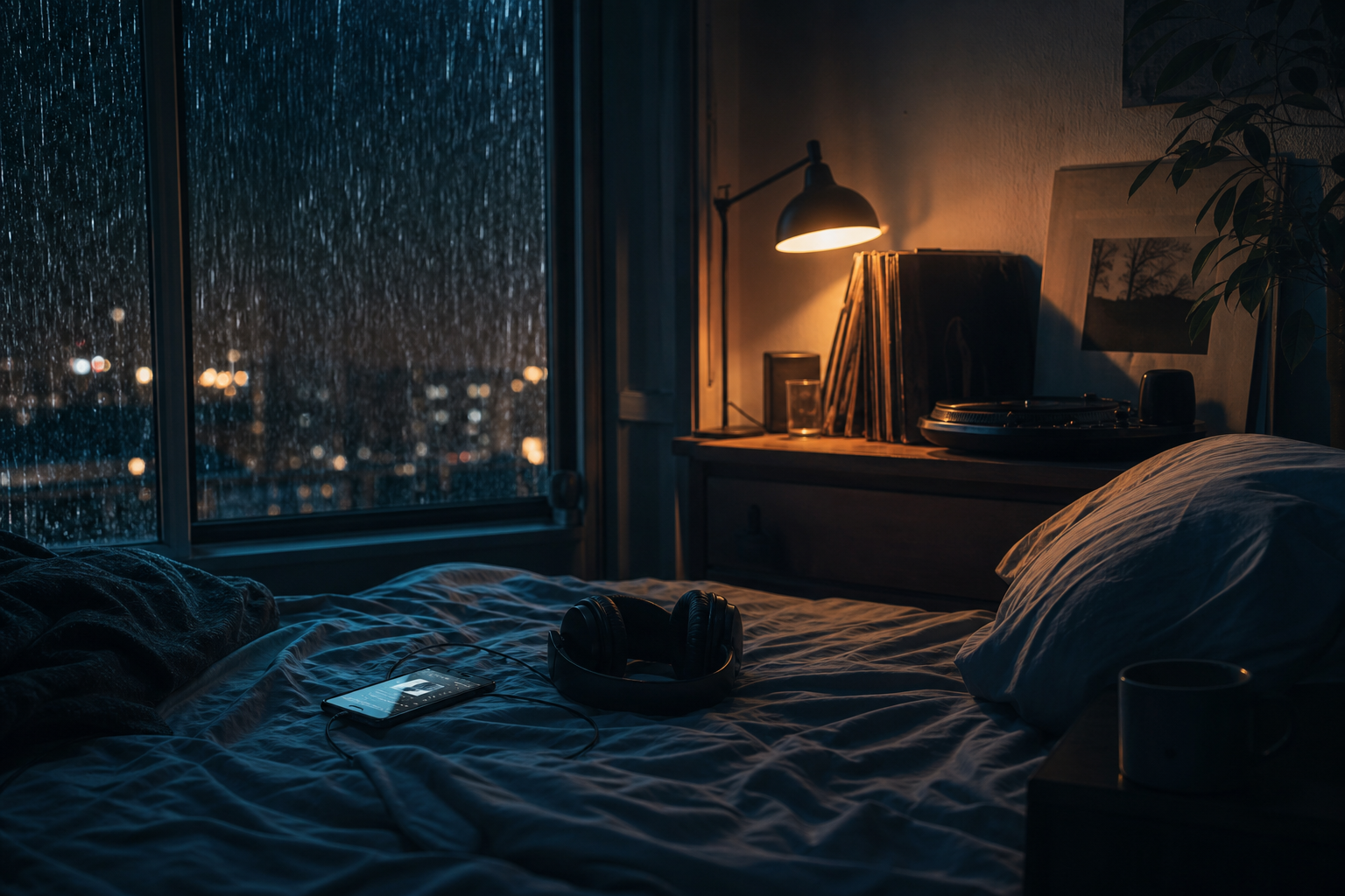 A dim bedroom with rain streaking windows, headphones on rumpled sheets, glowing