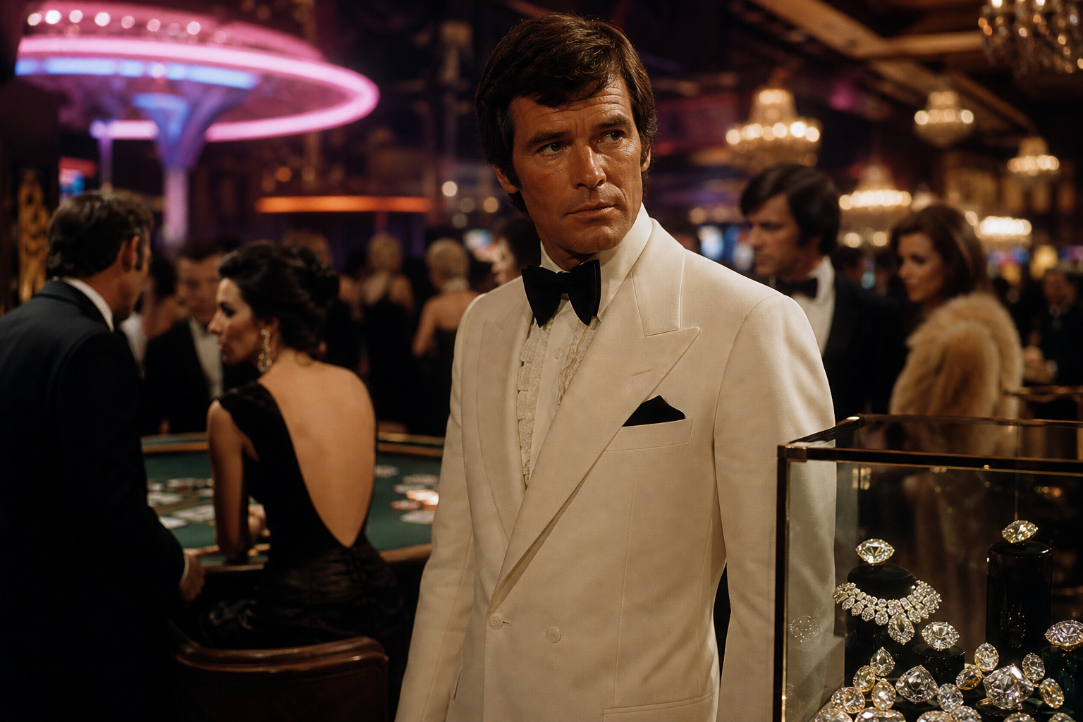 A 1970s secret agent in a white dinner jacket stands near casino tables, diamond