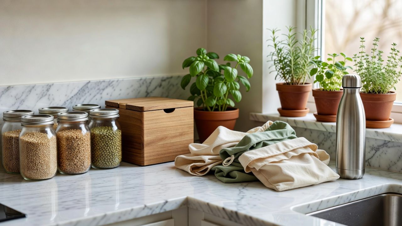 A zero-waste kitchen with glass jars, compost bin and fresh vegetables on a marble countertop