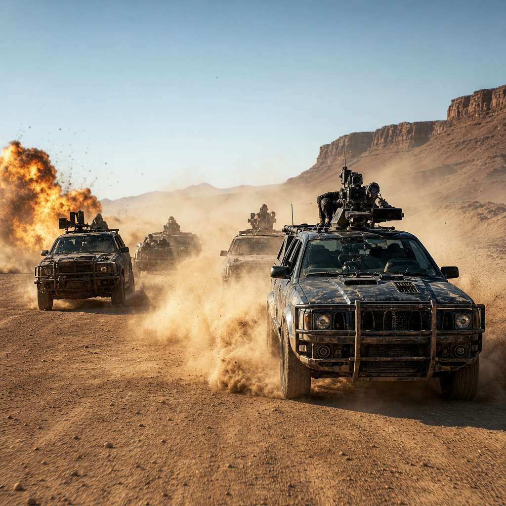 Photorealistic wide shot of a dusty desert chase with multiple armed vehicles ki