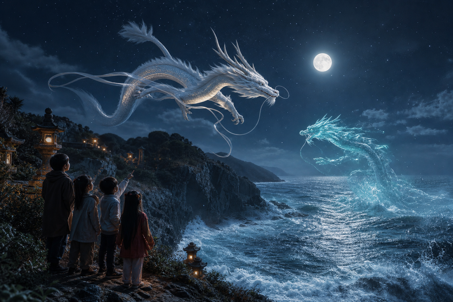 Photorealistic moonlit sea cliff where a white luck dragon and glowing eastern w