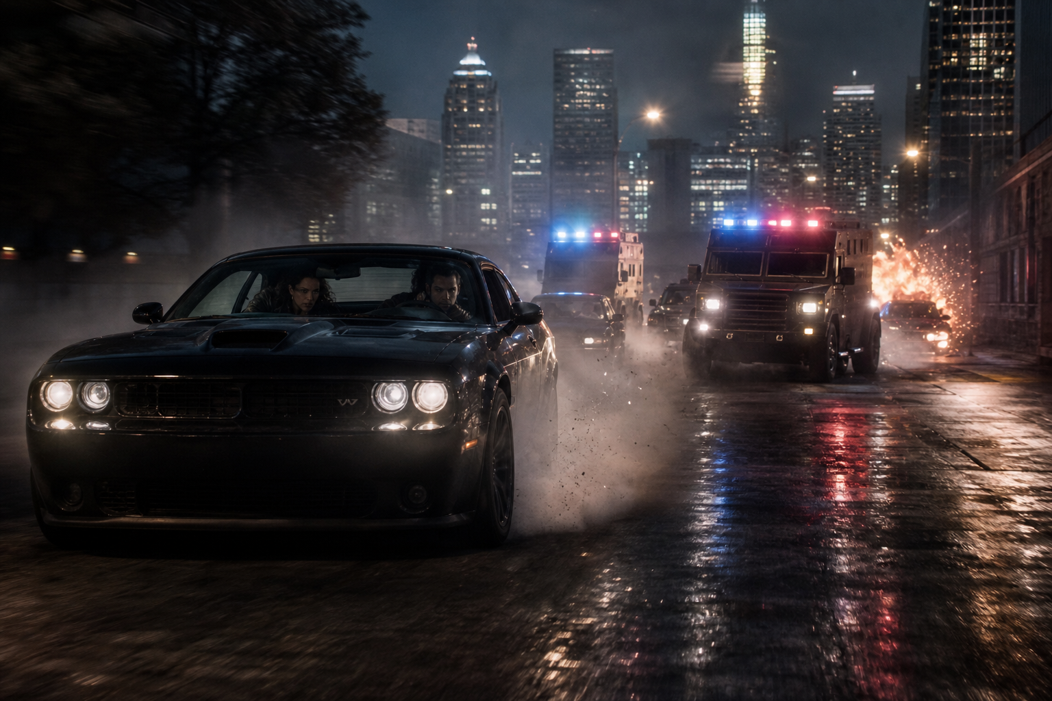 Photorealistic night street chase with black muscle car, armored police trucks, 