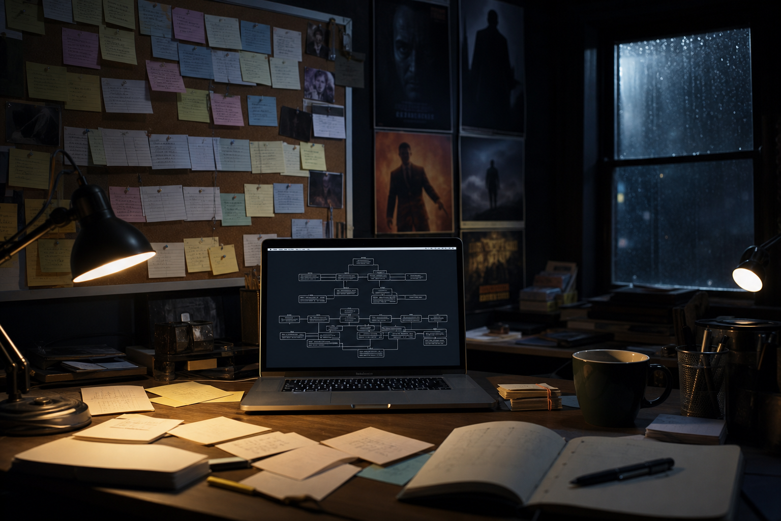 Screenwriter's desk with corkboard, index cards, coffee, genre posters, and a gl