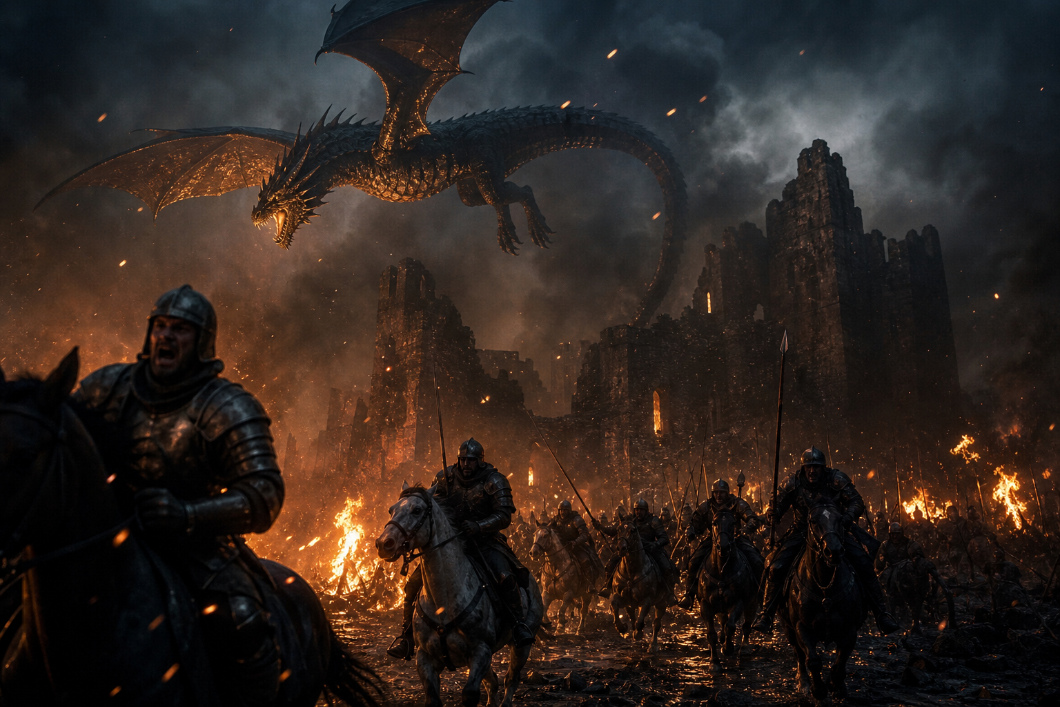 Photorealistic night battlefield with a bronze dragon circling ruined castle tow
