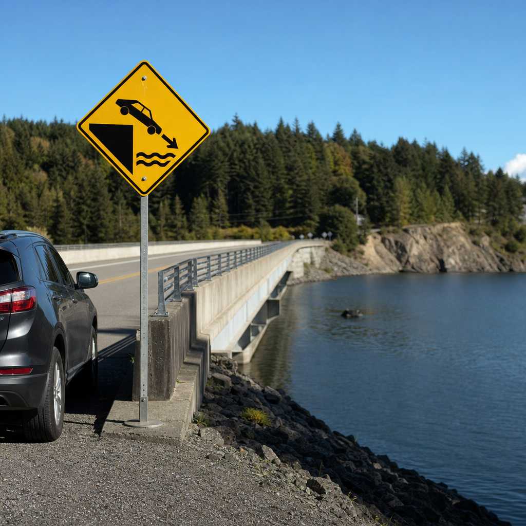 Photorealistic close-up of a rural bridge at midday with a confusing directional