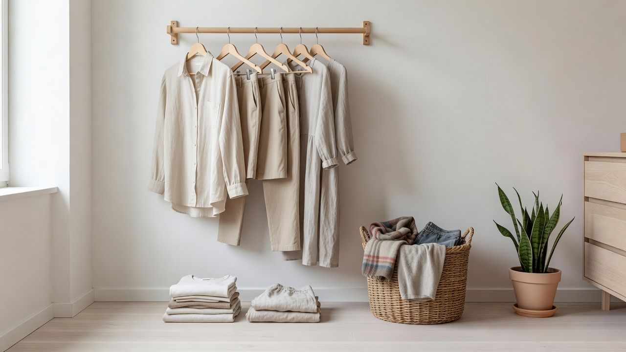 A sustainable capsule wardrobe with natural linen clothes on wooden hangers and a donation basket