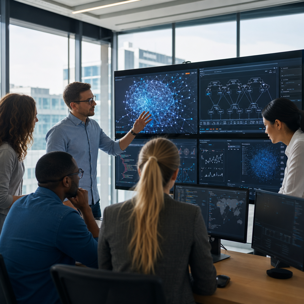 Photorealistic scene of a diverse team collaborating around multiple large scree