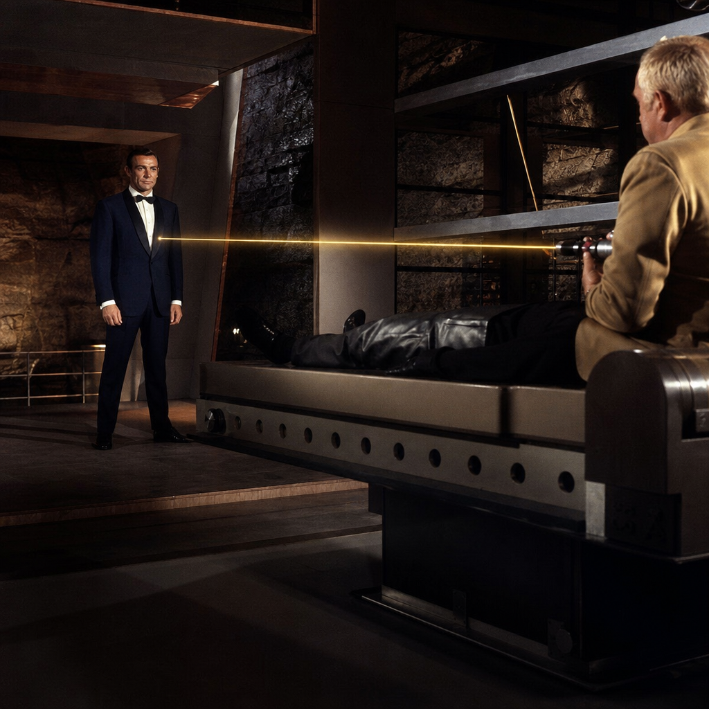 Epic wide shot of Sean Connery as Bond facing Goldfinger's laser in the classic 