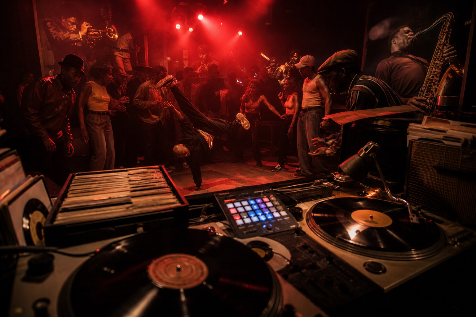 Photorealistic DJ booth packed with soul 45s, dancers frozen mid-break, brass se