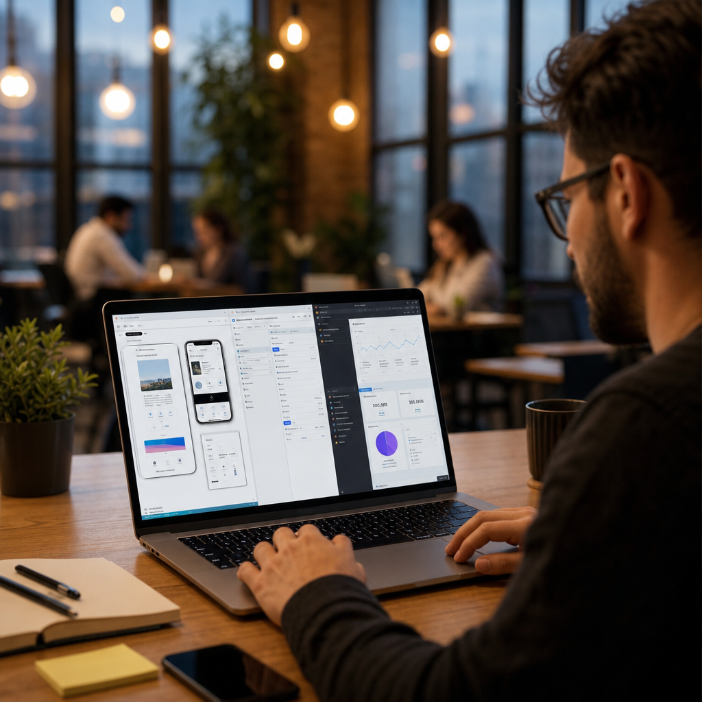Photorealistic scene of an entrepreneur building a no-code app on a laptop in a 