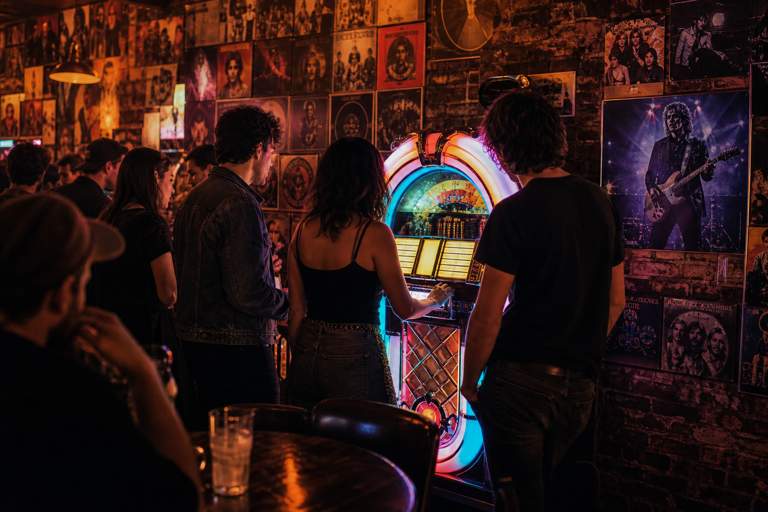 Neon jukebox glowing in a crowded retro bar, fans choosing classic cover hits wh