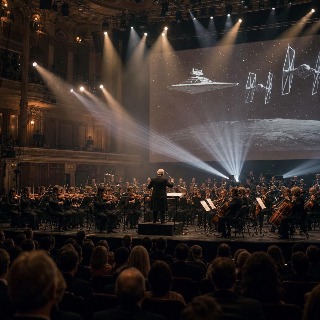 Photorealistic image of a grand orchestral concert hall with musicians performin