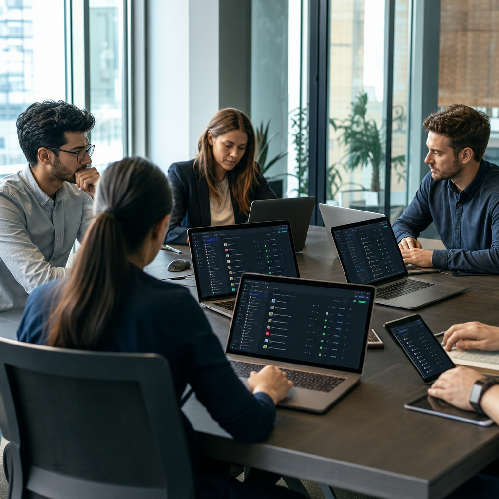 Photorealistic view of a professional team collaborating around a conference tab