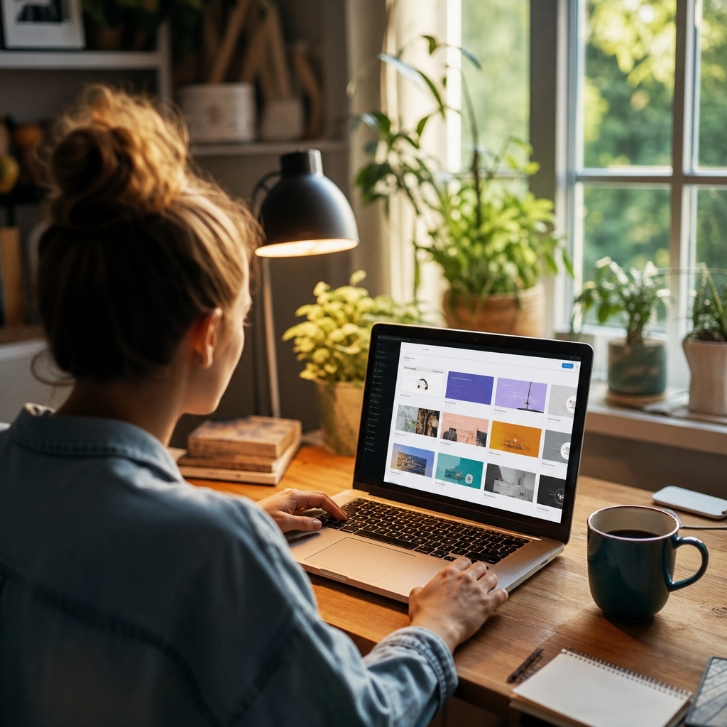 Photorealistic wide shot of a beginner blogger at a cozy desk with laptop open t