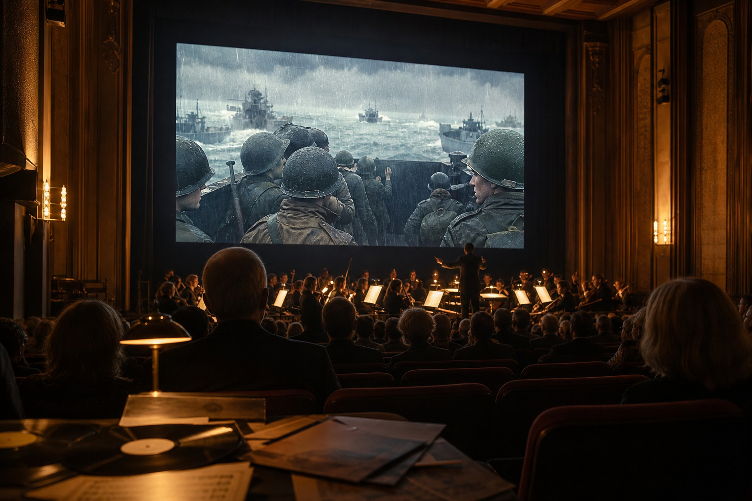 Photorealistic cinema auditorium with glowing screen, orchestra silhouettes, she