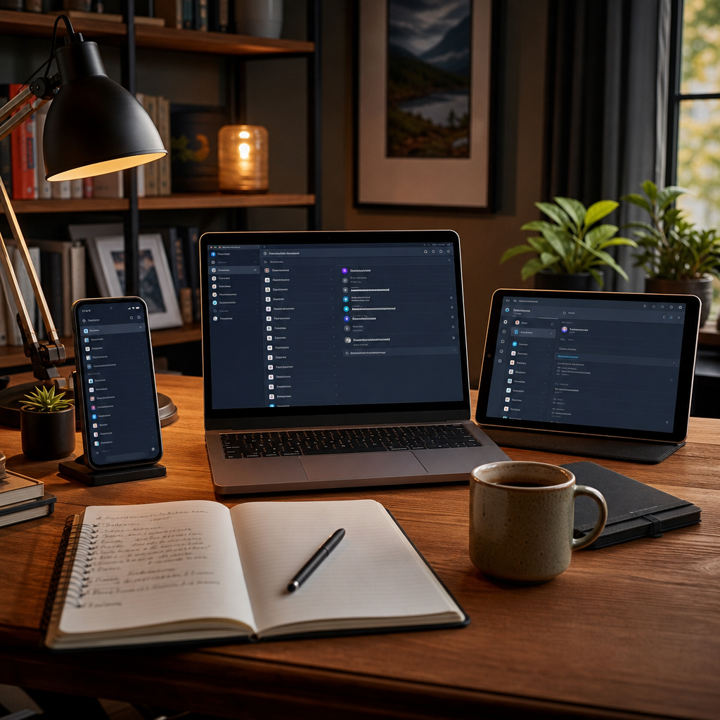 Photorealistic scene of a secure home office with multiple devices showing passw
