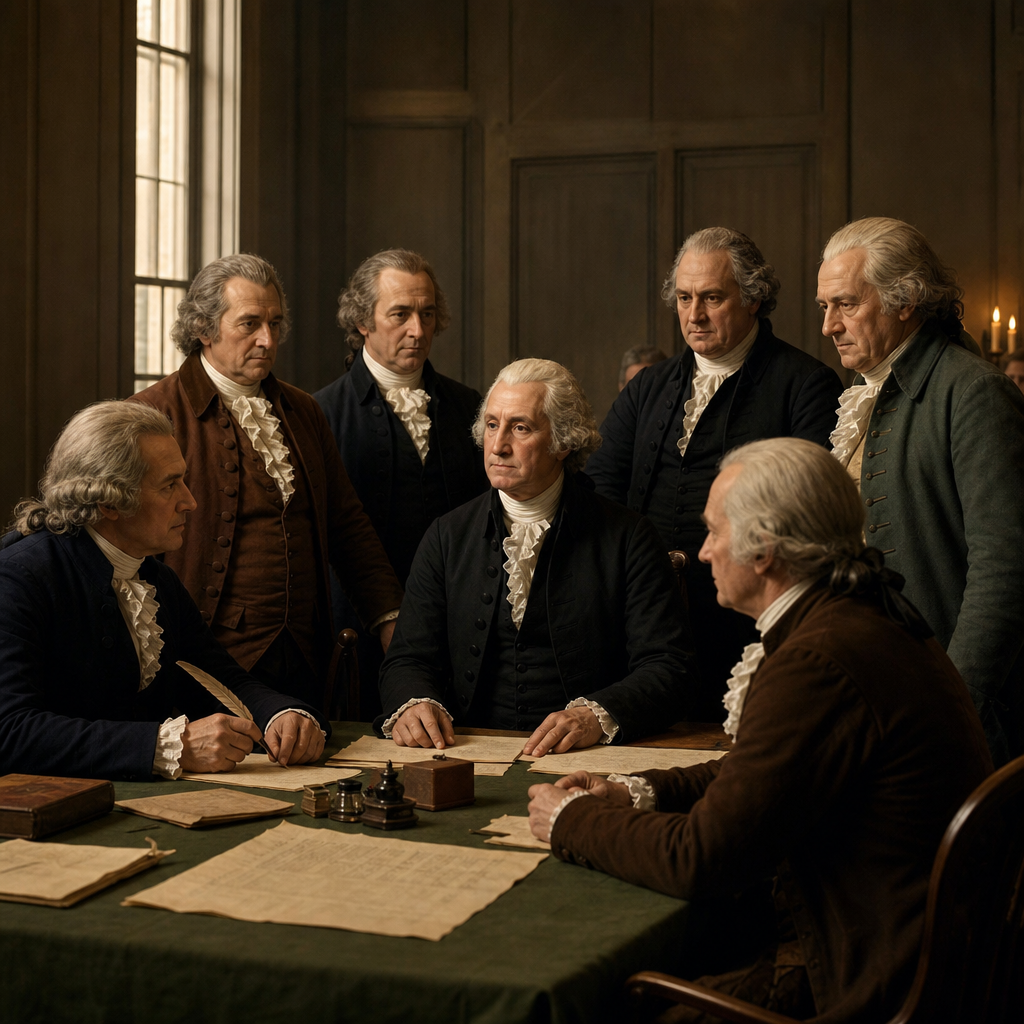 Photorealistic scene of the early American presidents gathered at the Constituti