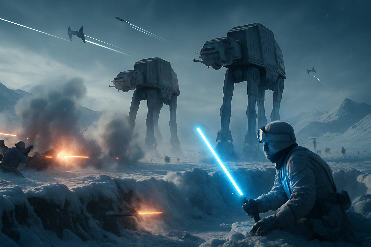 Photorealistic icy battlefield beneath towering walkers rebel trenches blasting 