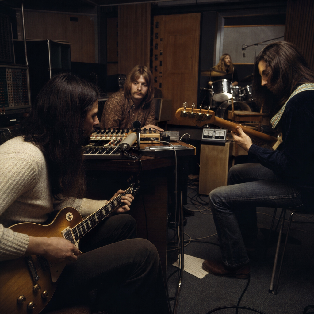 A photorealistic scene inside a 1970s-style recording studio with vintage equipm