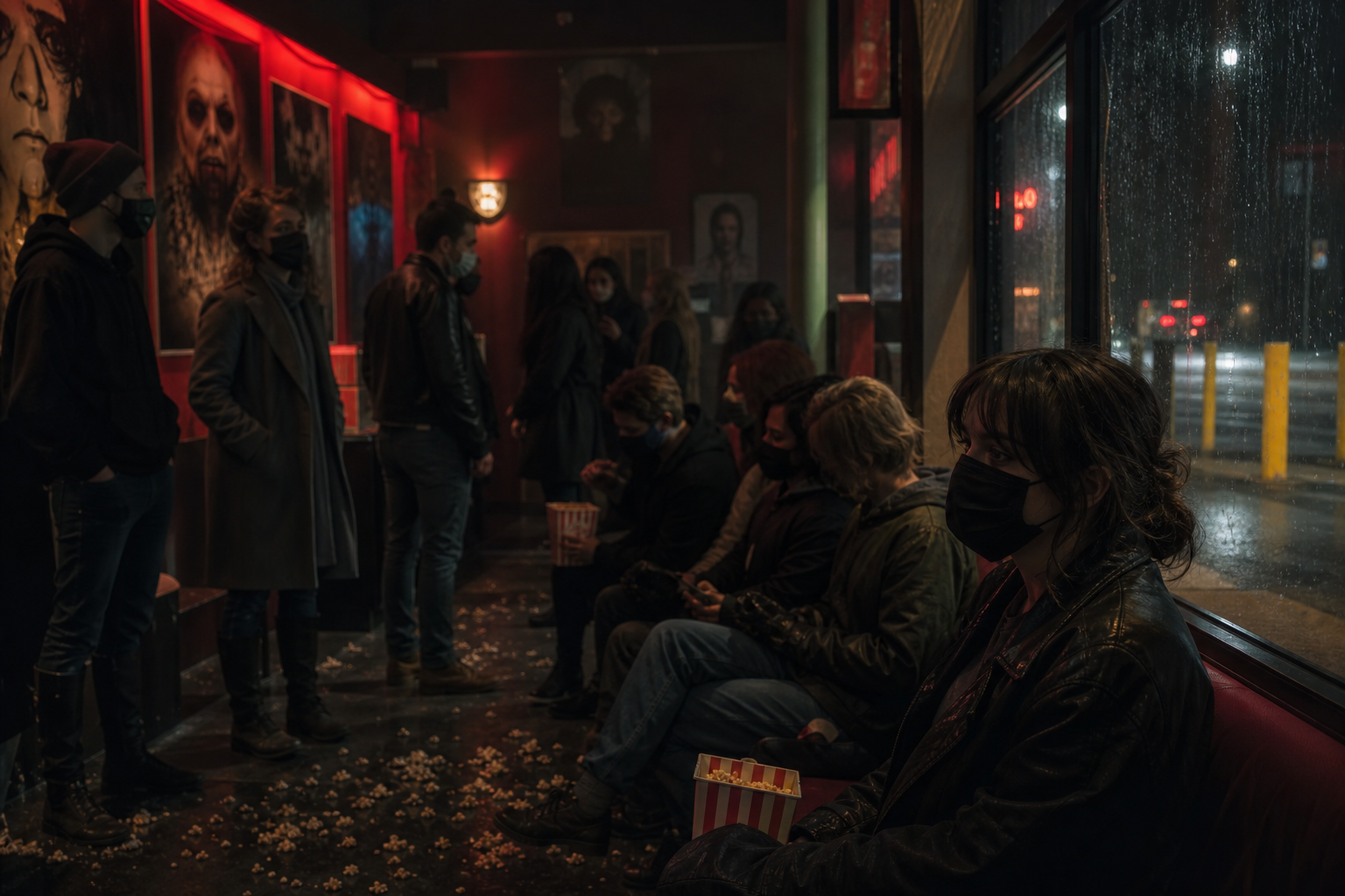 A dim art-house theater lobby with vintage horror posters, flickering neon light