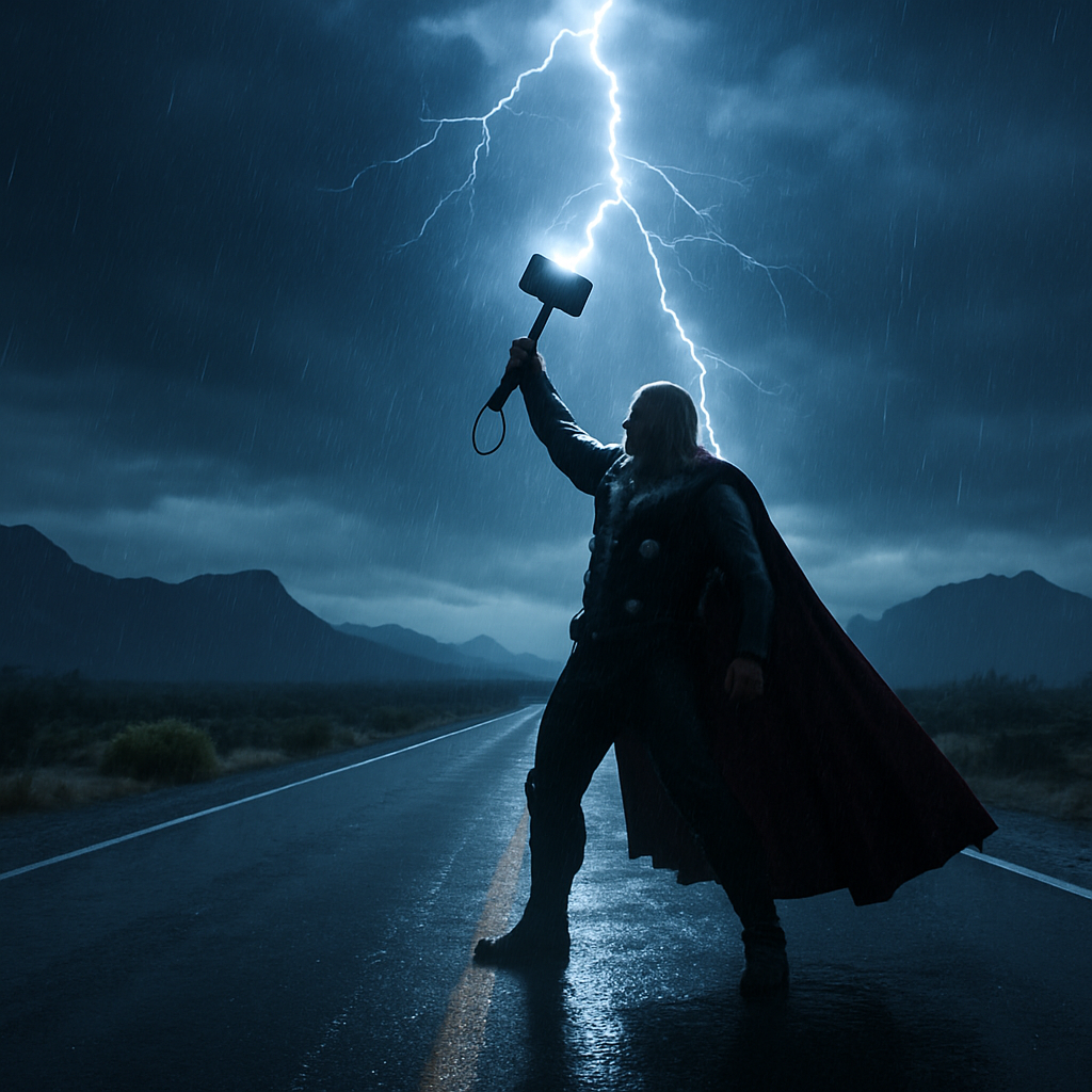 Photorealistic wide-angle view of Thor wielding Mjolnir on a rainy New Mexico de