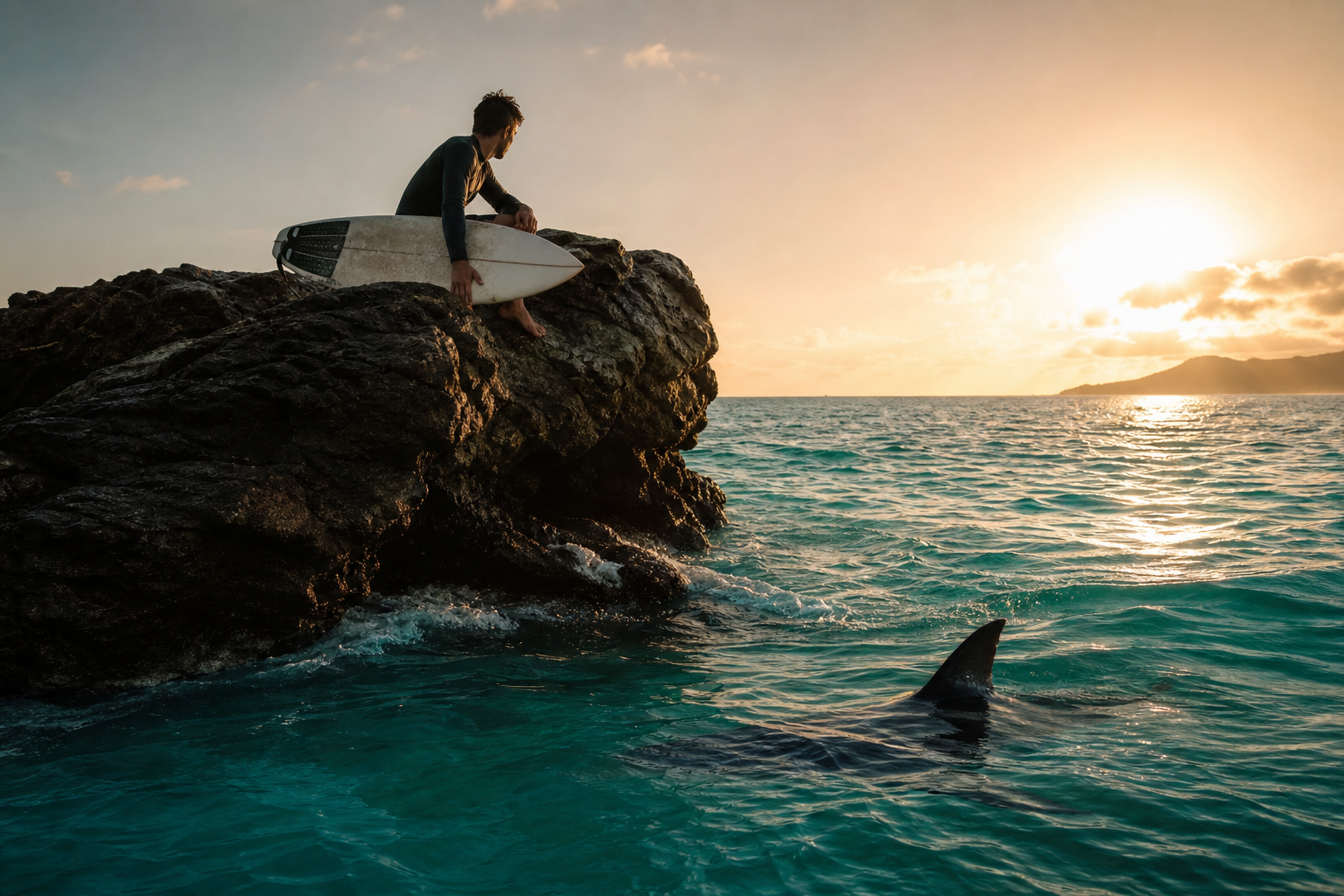 Lone surfer stranded on jagged rock above turquoise water, dorsal fin circling n