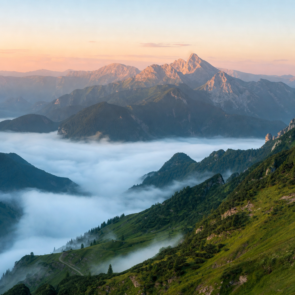 Photorealistic wide shot of a misty mountain range at dawn with layered peaks an