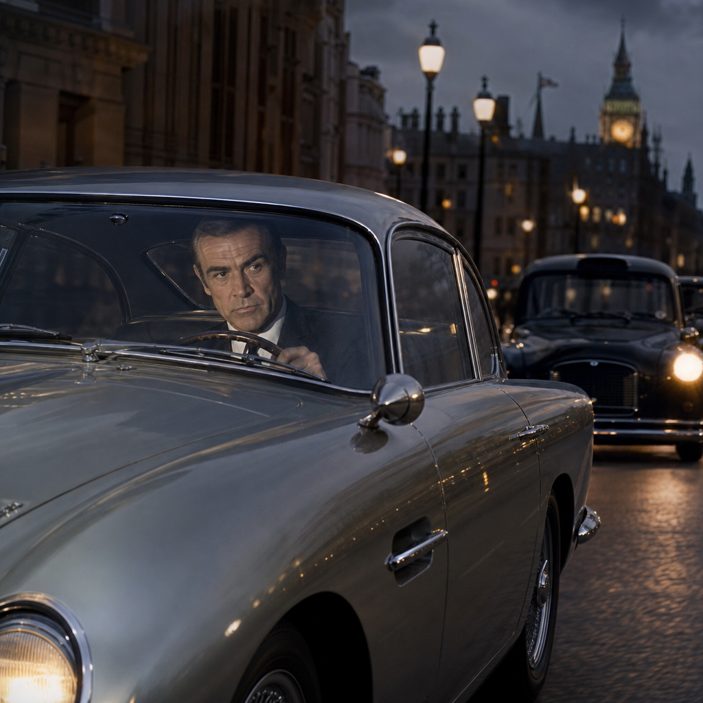 Photorealistic scene of Sean Connery as Bond in a classic 1960s Aston Martin DB5
