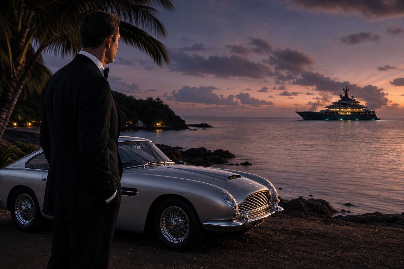 A tuxedoed spy watches a silver Aston Martin beside a tropical beach at dusk, ci
