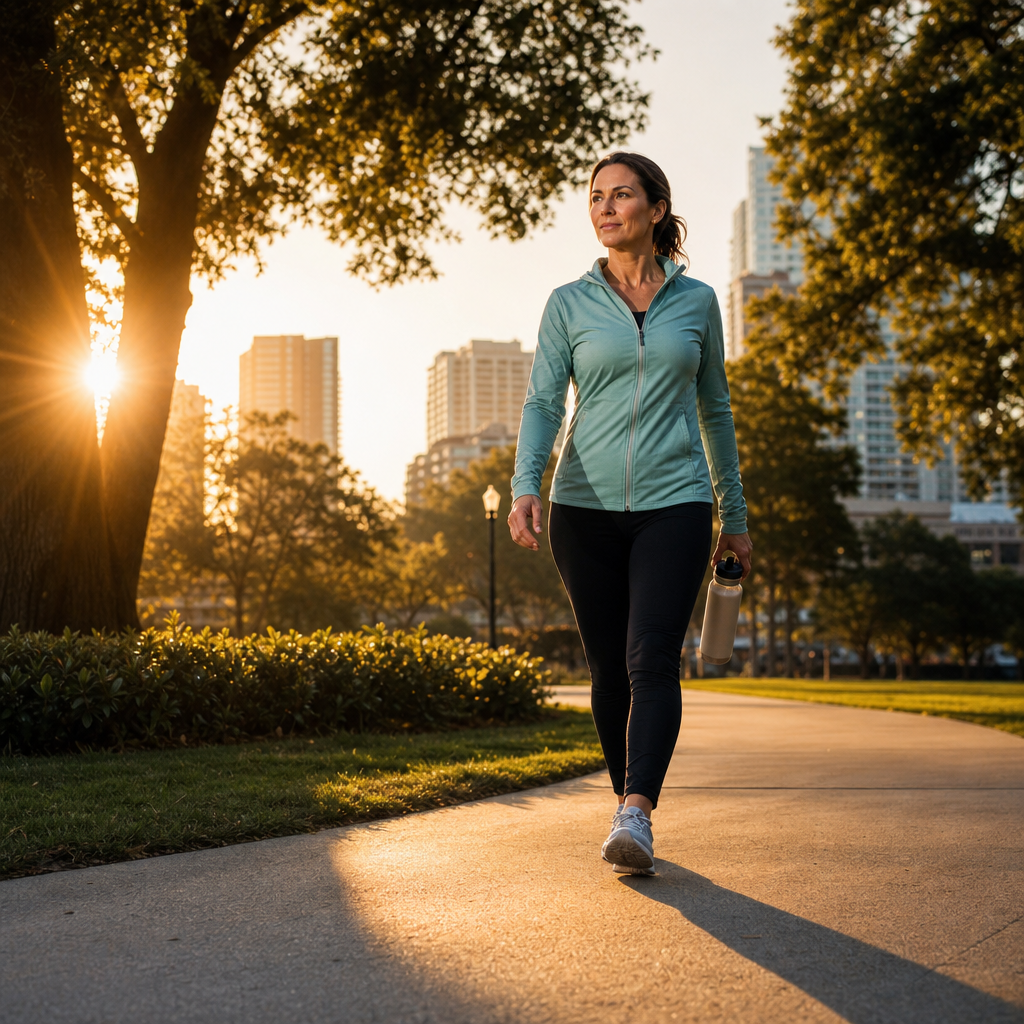 Photorealistic scene of a person in athletic wear power-walking at sunrise throu