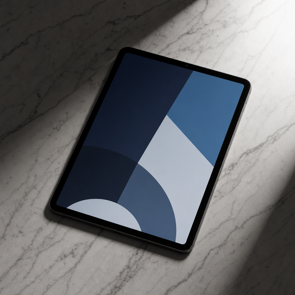Modern minimalist iPad on a marble surface showing a clean geometric wallpaper, 