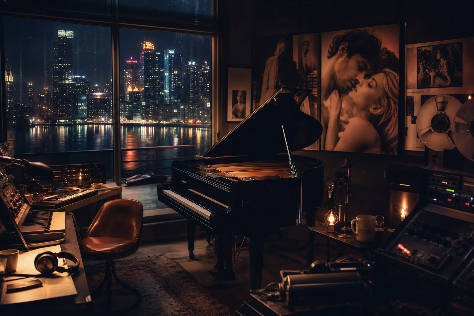Photorealistic late night studio with grand piano, neon city reflections, film r