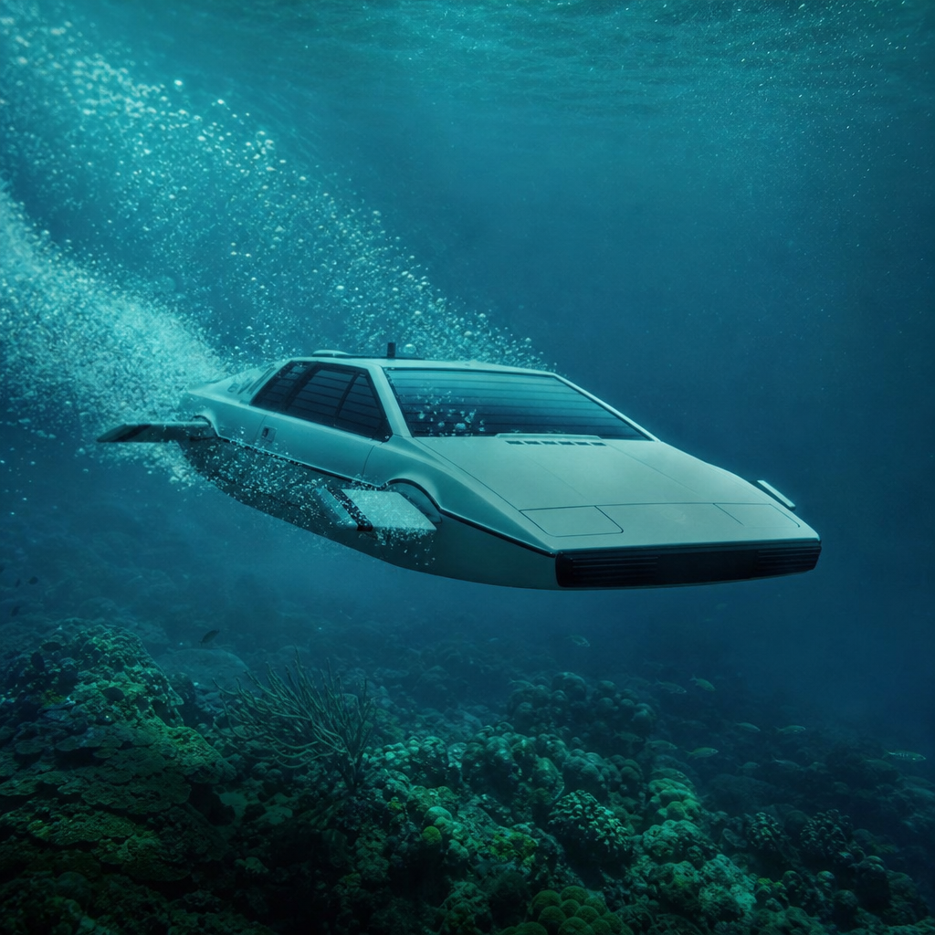 Dramatic underwater shot of the Lotus Esprit car transforming into a submarine i