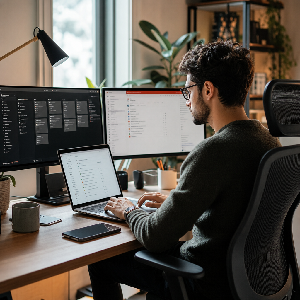Photorealistic modern remote workspace with multiple screens showing Notion and 