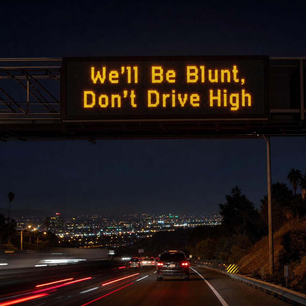 Photorealistic close-up of an electronic highway sign at night displaying 